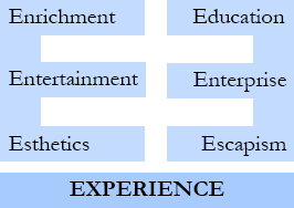 Enrichment, Education, Entertainment, Enterprise, Esthetics, Escapism = EXPERIENCE